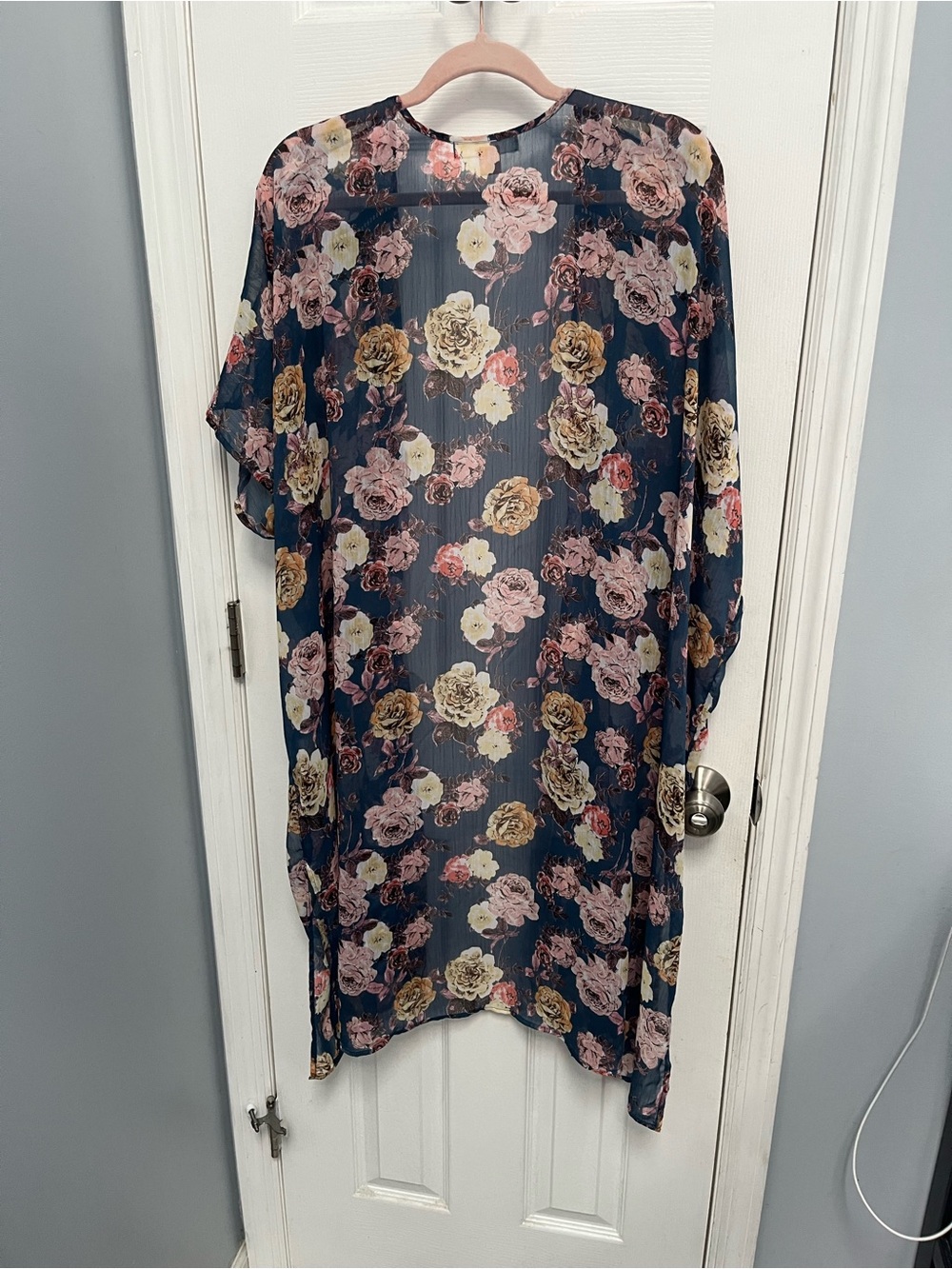 Floral Kimono Duster Blue Sheer Open Front Cover Band of Gypsies XS/S oversized - Picture 12 of 16